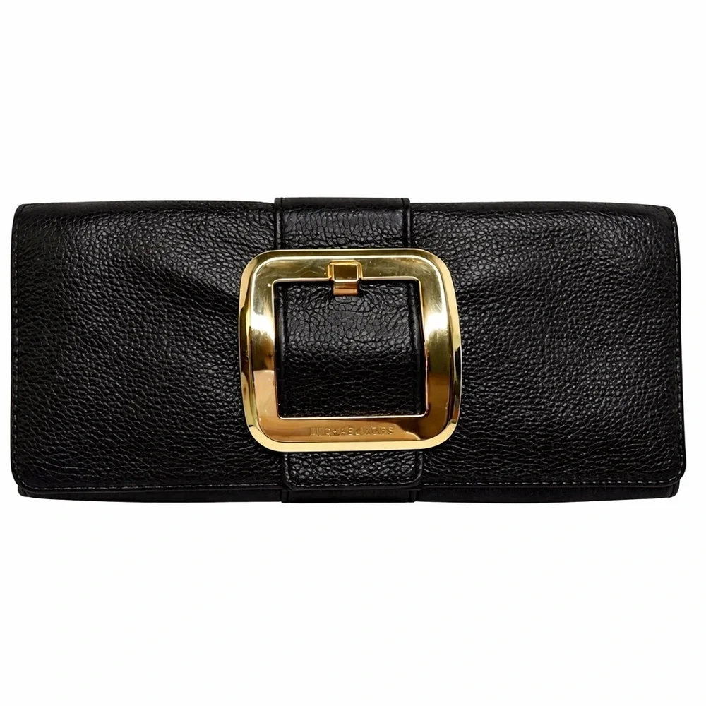Michael Kors Black Pebbled Leather Large Continental Wallet Gold Buckle Clutch_11